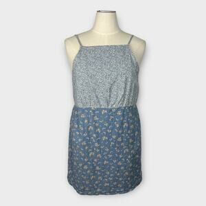 American‎ Eagle Blue Cotton Linen Floral Sundress XXL Summer Cottage Festival